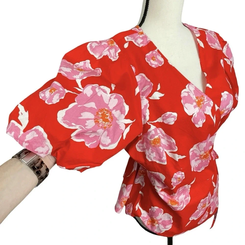 Old Navy Red Floral Puff Sleeve Wrap Top Womens XL Cottagecore Romantic Tropical